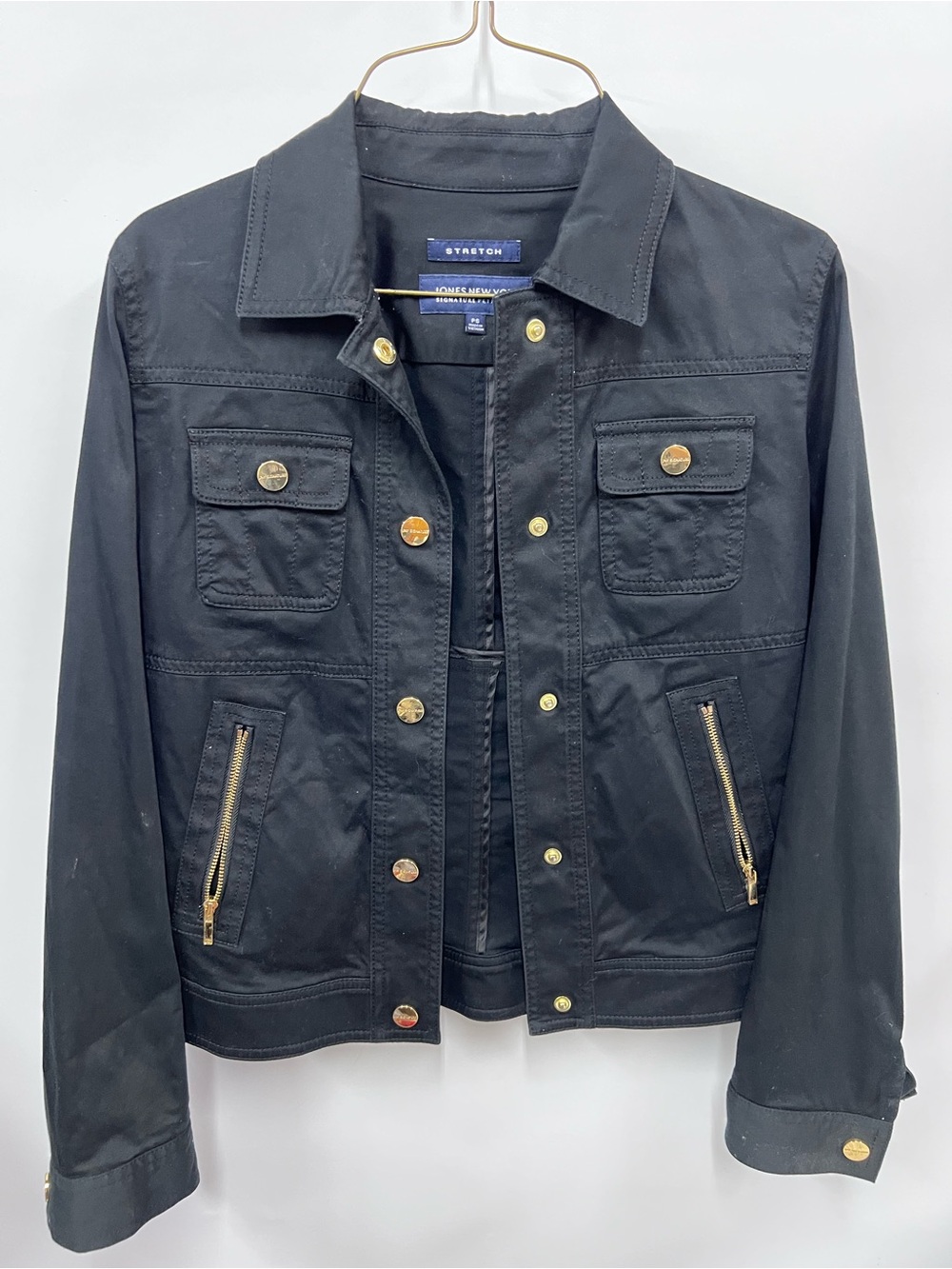 90’s Jones New York Stretch Black Button-Front Utility Jacket PS signature gold
